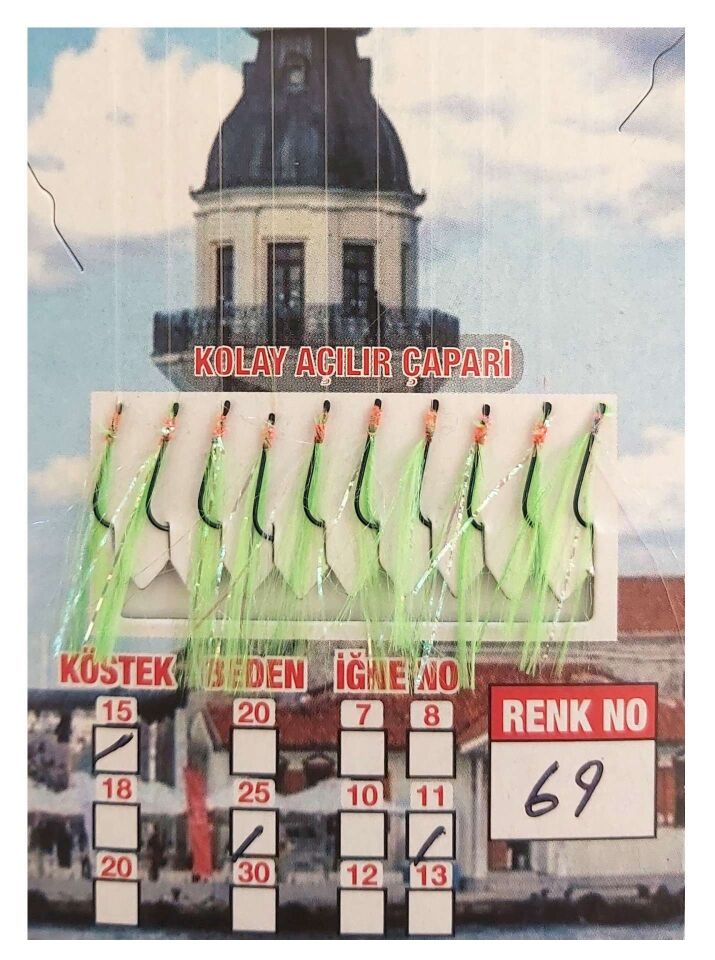İstavrit Çaparisi UV-GLOW Simli 10 İğneli Kolay Açılan Çapari 025mm Beden x 015mm Köstek 69