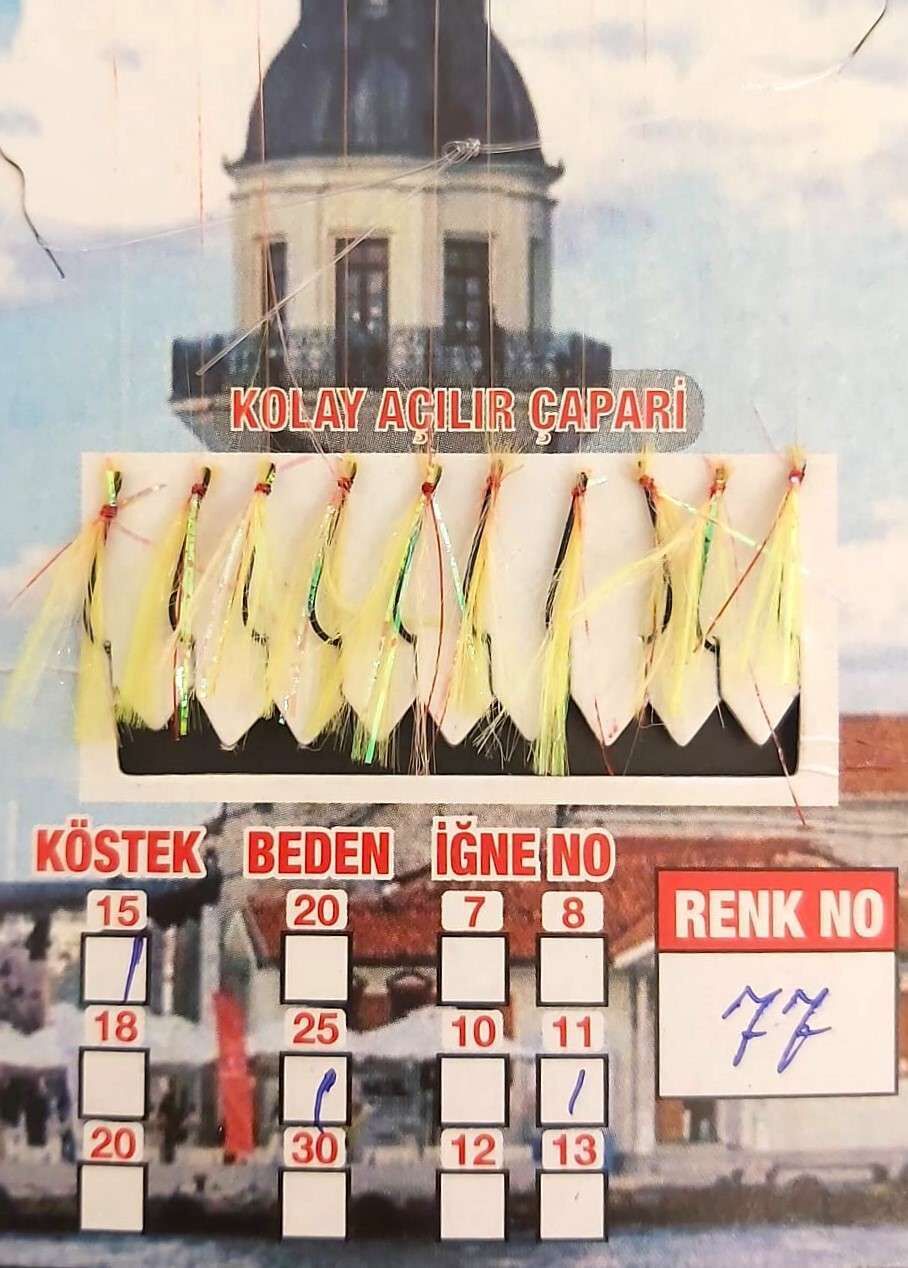 İstavrit Çaparisi UV-GLOW Simli 10 İğneli Kolay Açılan Çapari 025mm Beden x 015mm Köstek 77