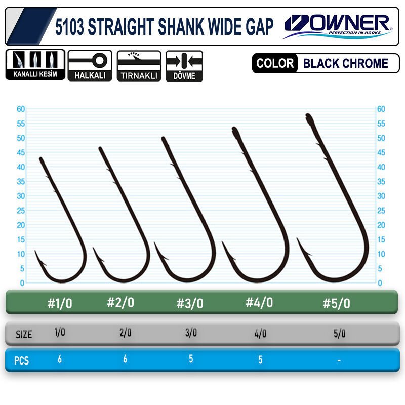 Owner 5103  Straight Shank Wide Gap Uzun Pala Lüfer İğnesi
