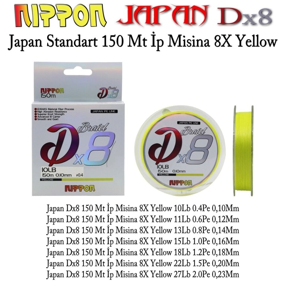 Japan Dx8 Braid 150 Mt İp Misina 8X Yellow