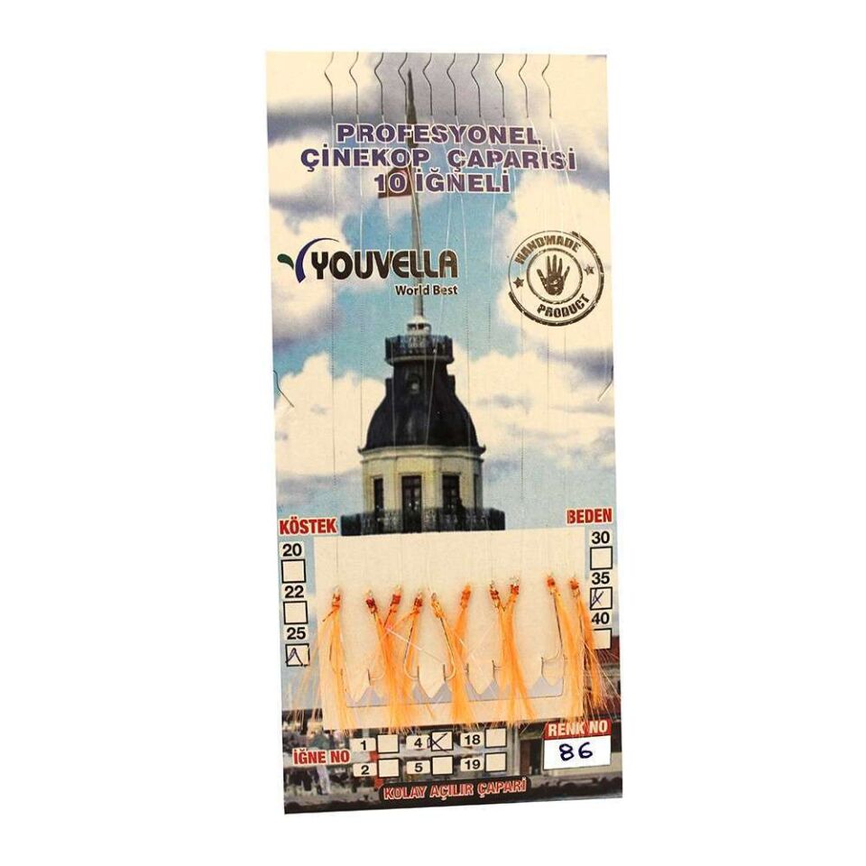 Çinekop Çaparisi UV-GLOW Simli 10 İğneli Kolay Açılan Çapari 025mm Beden x 035mm Köstek 86