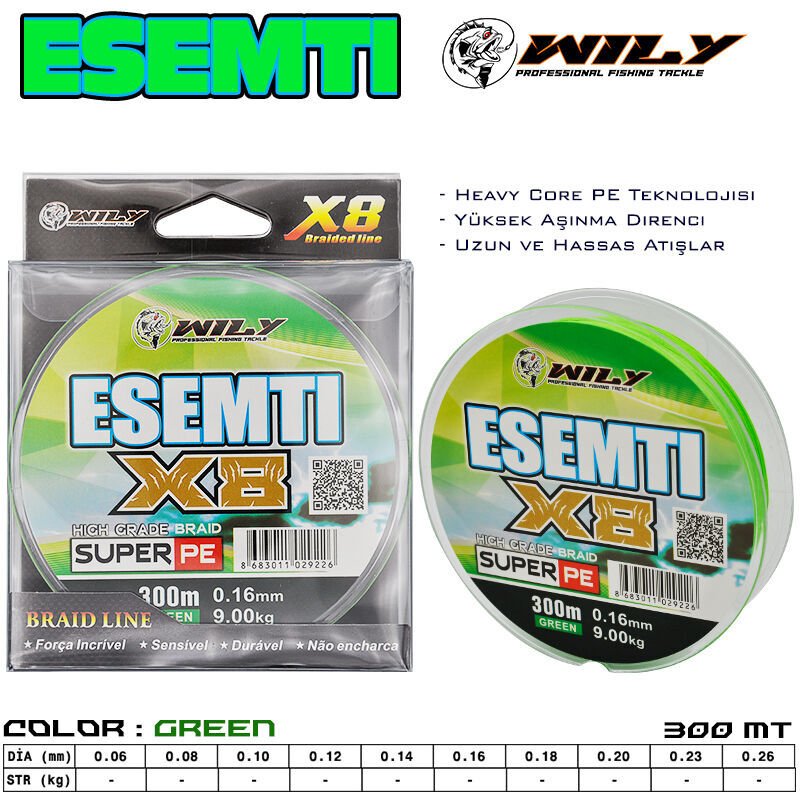 Wily Esemti 8 Kat İp Misina 300 mt Yeşil