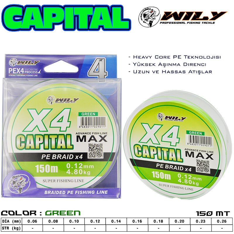 Wily Capital 4 Kat İp Misina 150 mt Yeşil