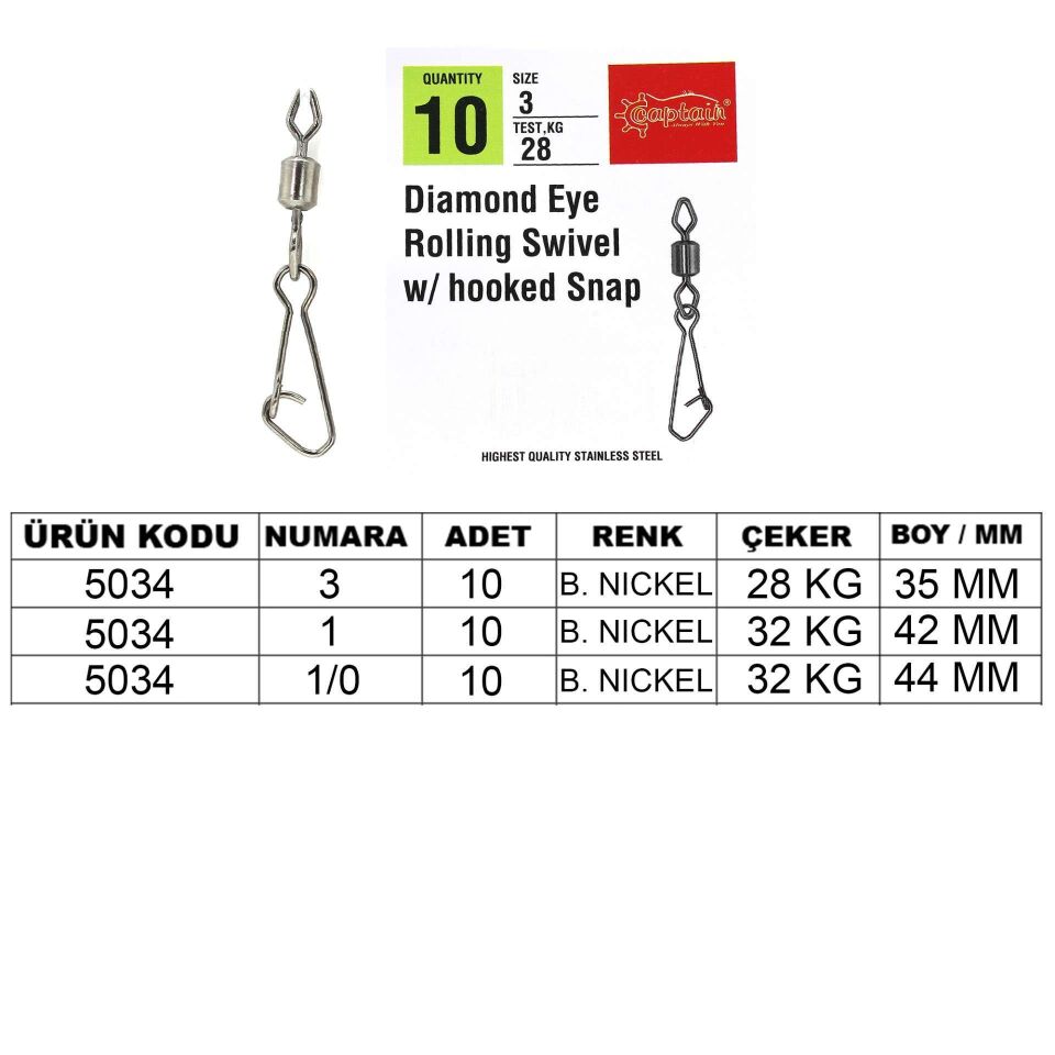 Captain 5034 Diamond Hoked Klips 10lu Paket Black Nikel