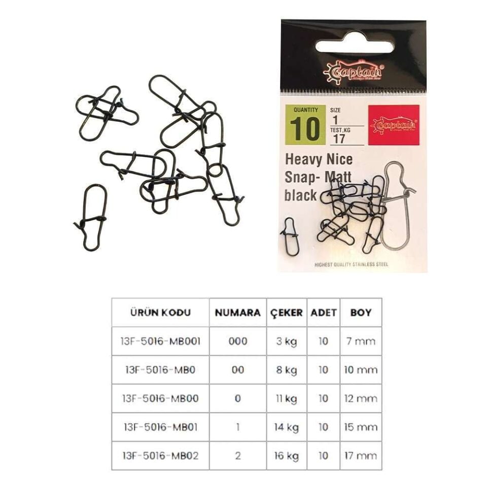 Captain 5016 Sahte Balık Klipsi Snap İnox 10lu Paket Mat Black