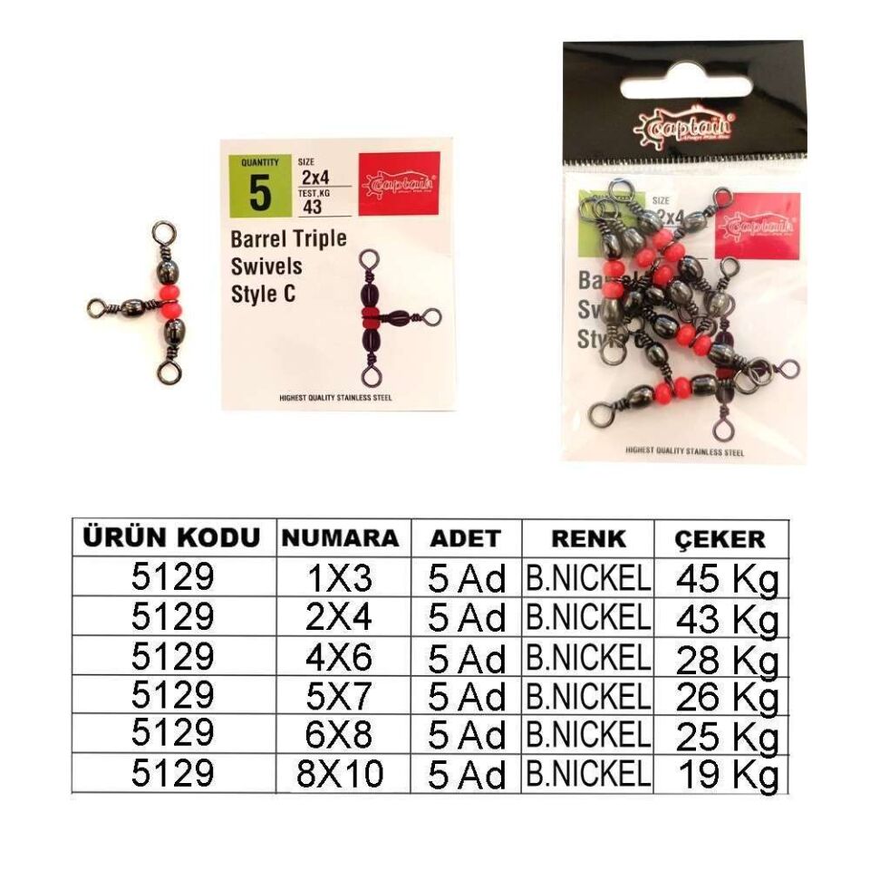 Captain 5129 Üçlü Boncuklu T Fırdöndü 5li Paket Black Nikel