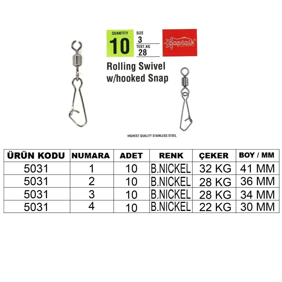 Captain 5031 Hoked Klips 10lu Paket Black Nikel